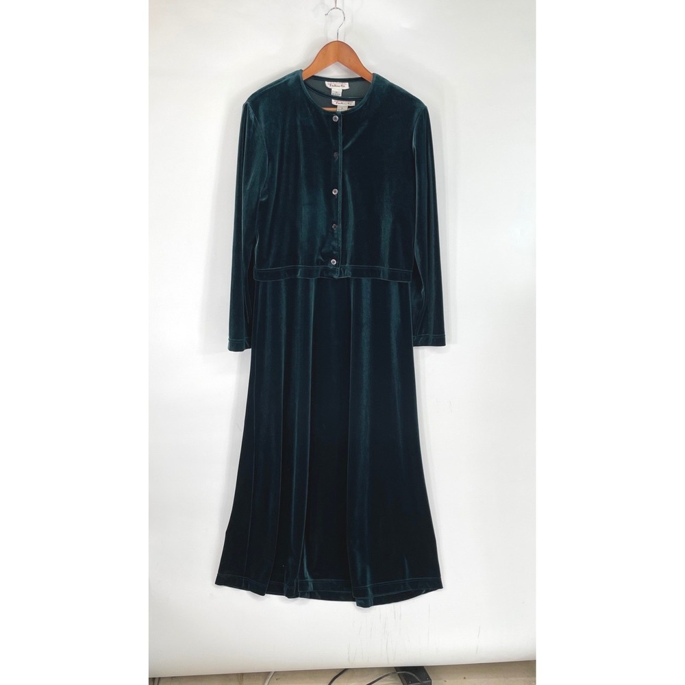 VTG Talbots Womens Dress Set M Maxi Cardigan Green Velvet 2pc Holiday Stretchy
